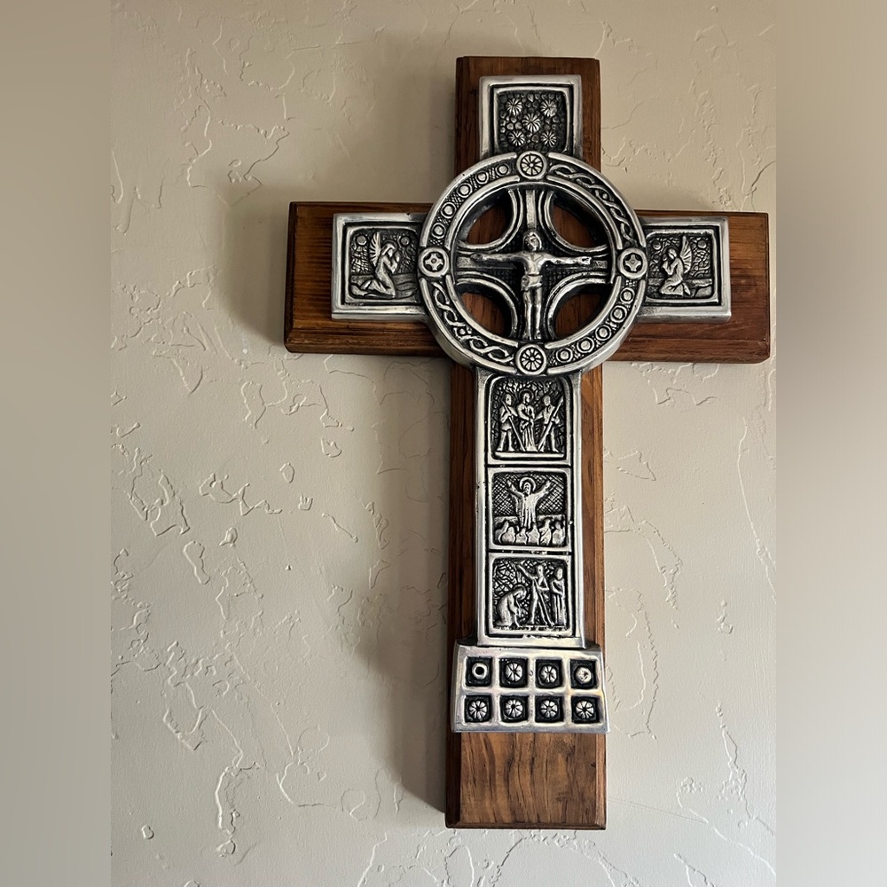 Large wood and silver cross. Made in Mexico.